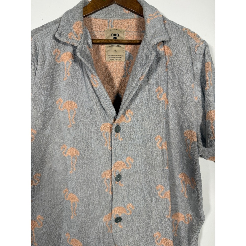OAS Mens XL Flamingo Terry Cotton Shirt Grey Peach Short Sleeve Button Down